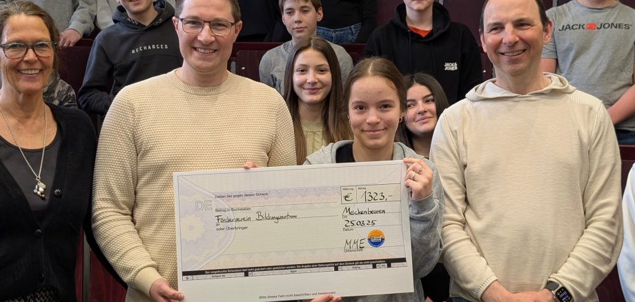 Frau Wiedmann, Rektorin des BZM, Herr Walker CO-Rektor des BZM, ein Elternrat und die Schüler im Hintergrund lächeln mit einem Scheck des Fördervereins in die Kamera.
