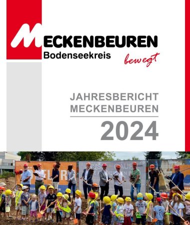 Der Jahresbericht 2024 mit dem Spatenstich der Kita Hegenberg mit dem Bürgermeister und Kinder im Vordergrund als TItelbild