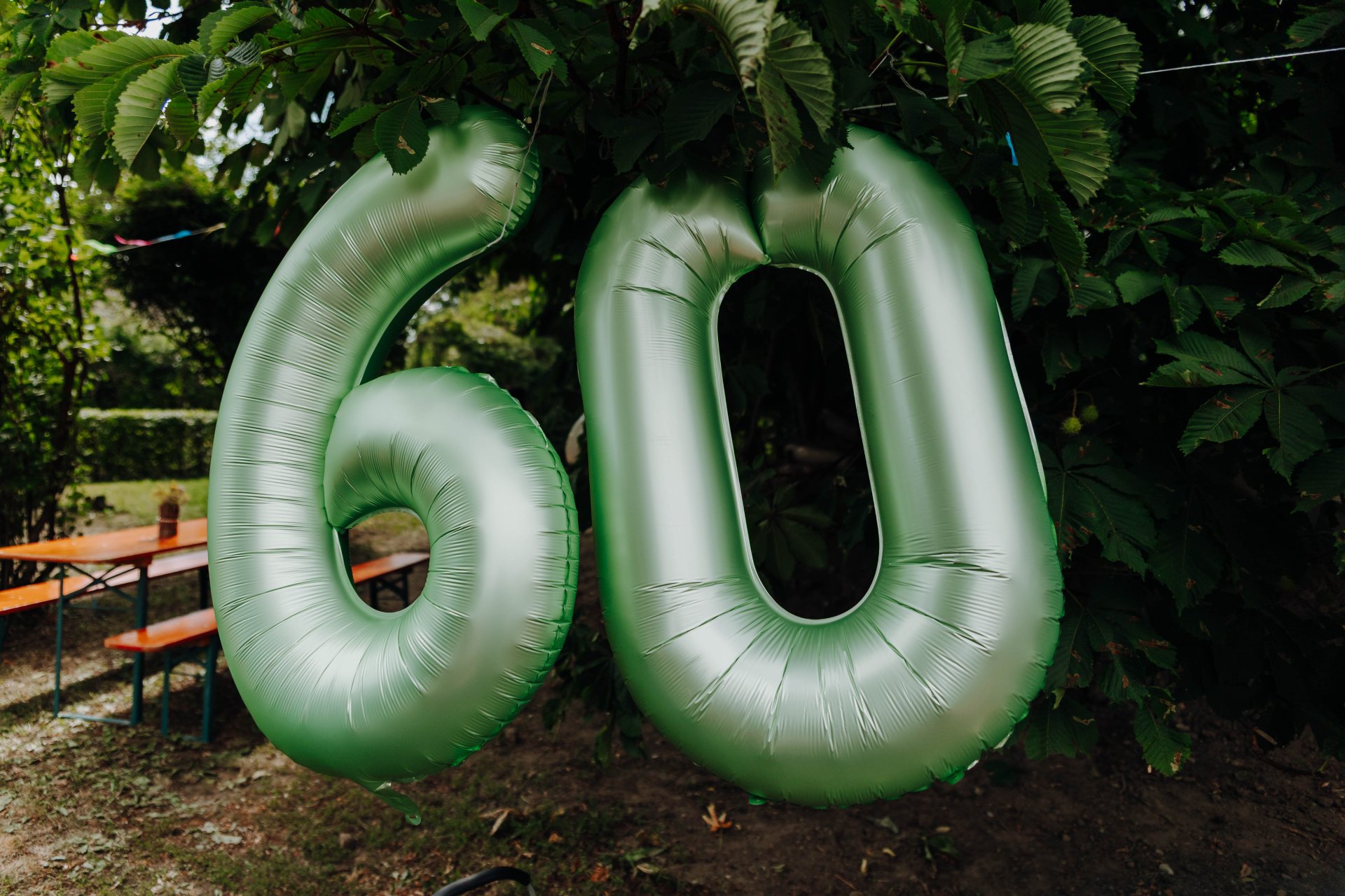 60ig Jahrfeier/ Sommerfest Kindergarten Brochenzell Grüne Luftballons in Form einer sechzig hängen an der Hecke des Kindergartens Brochenzells