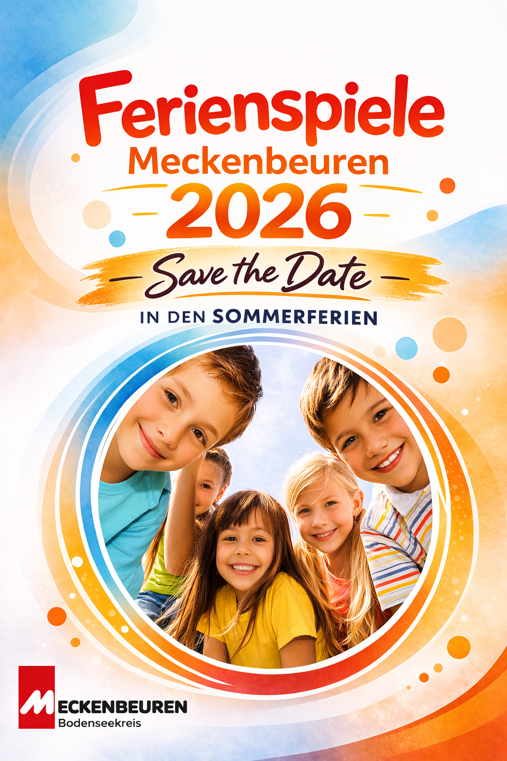 Fröhliche Kinder in Ferienlaune schauen aus einem Kreis Titelbild des Flyers