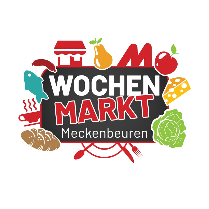 Buntes Logo des Wochenmarktes mit stilisiertem Obst, Gemüse, Blumen und dem Schriftzug Meckenbeuren