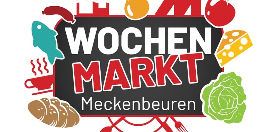 Buntes Logo des Wochenmarktes mit stilisiertem Obst, Gemüse, Blumen und dem Schriftzug Meckenbeuren